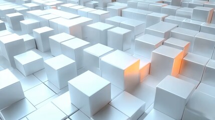 Abstract arrangement of white cubes with some illuminated edges glowing in soft orange light, creating a futuristic and orderly geometric pattern