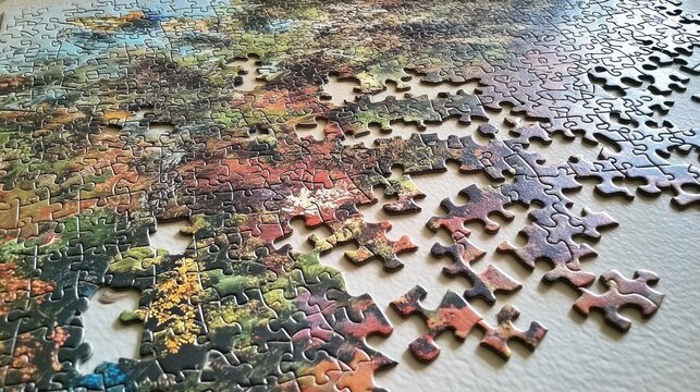 Partially completed landscape jigsaw puzzle game pieces hobby leisure activity