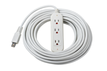 PNG Coiled white extension cord with three-outlet surge protector