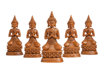 PNG Five wooden buddha statues with hands in prayer position on black background