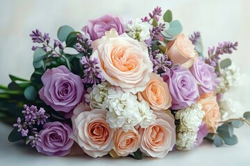 Obraz premium Elegant bouquet of pastel roses and lilac flowers arranged with white blossoms and green leaves on soft background