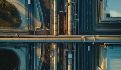 Obraz premium Industrial infrastructure network. Large pipes crisscrossing roads and urban areas, high-angle view