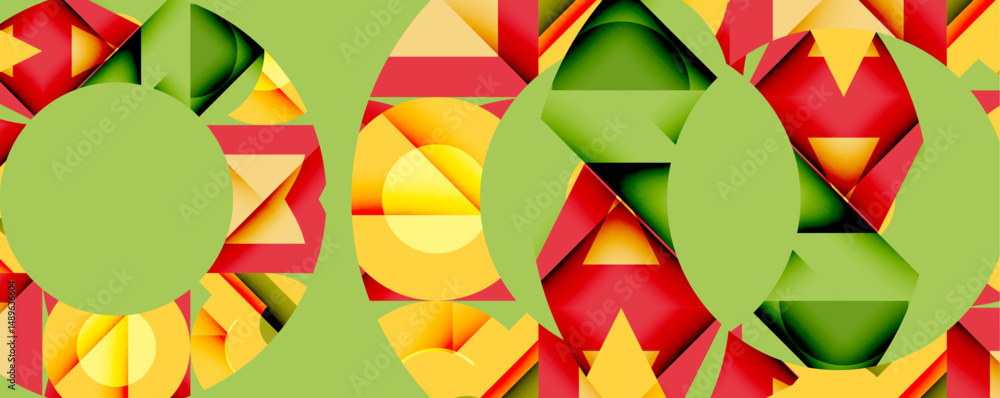 Poster Abstract geometric shapes form circular patterns. Green background contrasts with red, yellow elements. Modern design, vibrant colors, layered composition.