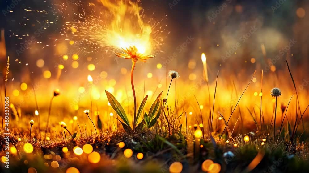 Poster magical glowing flower with fiery aura in a field of light
