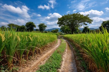 Obraz premium Muddy path winds through rice paddies