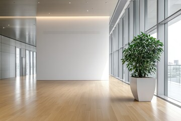 Empty, modern office space with large windows and a single plant