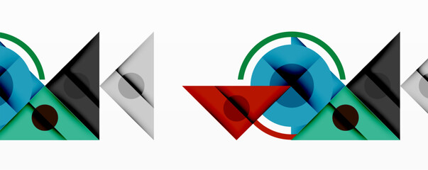 Abstract geometric patterns repeat. Shapes overlap, creating dynamic visual rhythm. Colors include blue, red, green, gray.