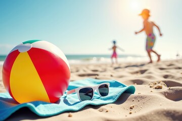 Obraz premium Colorful beach ball and sunglasses on sandy beach with children playing 