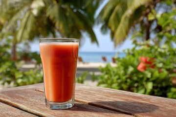 Vibrant Fresh Juice in Tall Glass on Rustic Wooden Table – Tropical Beach Paradise with Palm Trees, Summer Refreshment & Vacation Lifestyle