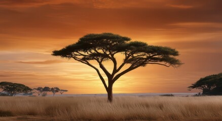 Obraz premium Majestic Silhouette of a Tree Against a Sunset in the Savanna