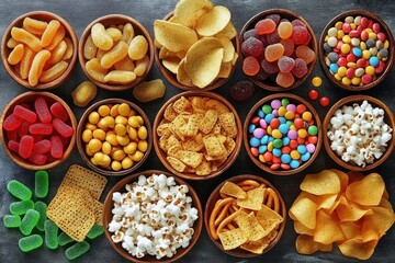 Assorted colorful snacks including gummy candies, popcorn, pretzels, potato chips, and various coated nuts arranged neatly in wooden bowls on a dark surface