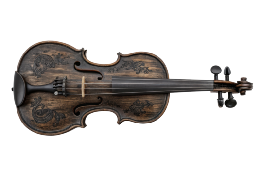 PNG Antique embellished wooden violin with ornate floral design on black background