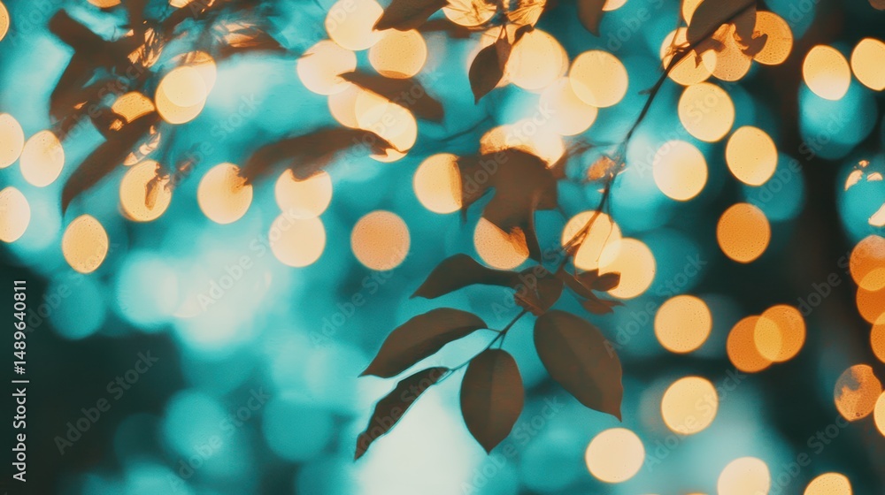 Poster vibrant bokeh lights and leafy branches in soft focus background