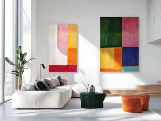 Interior design scene with abstract paintings and modern furniture