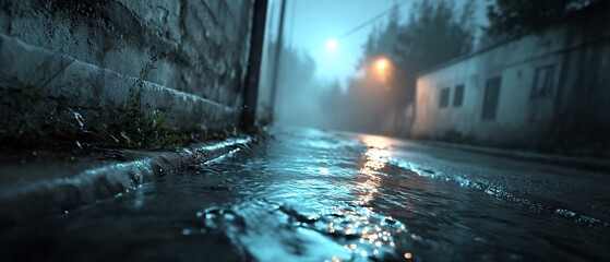 Rainwaterdrenched street under eerie streetlights