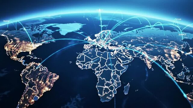 A global market visualization with finance nodes and signal motion lines for economic analysis or global trading visuals.