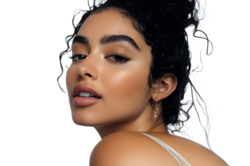 Glamorous woman with glossy skin and elegant hairstyle on a black background png