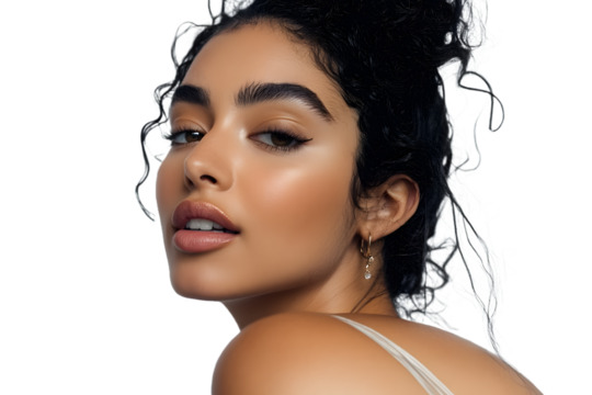 Glamorous woman with glossy skin and elegant hairstyle on a black background png - Powered by Adobe