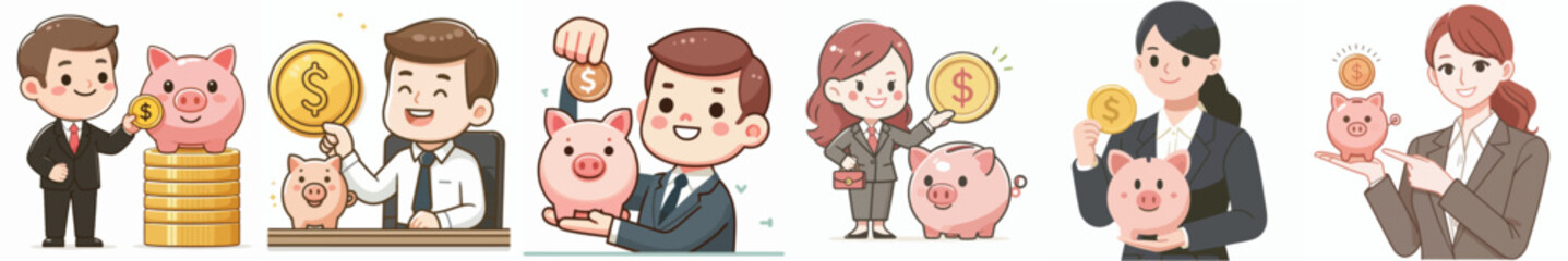 vector businessman inserting coins into piggy bank