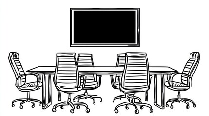 Fototapeta premium Sketch of empty conference room, meeting table, chairs, whiteboard