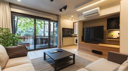 stylish small living room in minimal Scandinavian apartment,