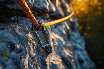 Close-up of climbing gear attached to rocky cliff with orange rope glowing in warm sunlight during outdoor rock climbing