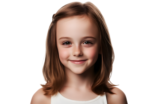 Adorable young girl with brown hair and freckles smiling brightly on a black background png