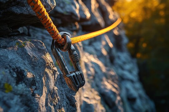 Close-up of climbing gear attached to rocky cliff with orange rope glowing in warm sunlight during outdoor rock climbing