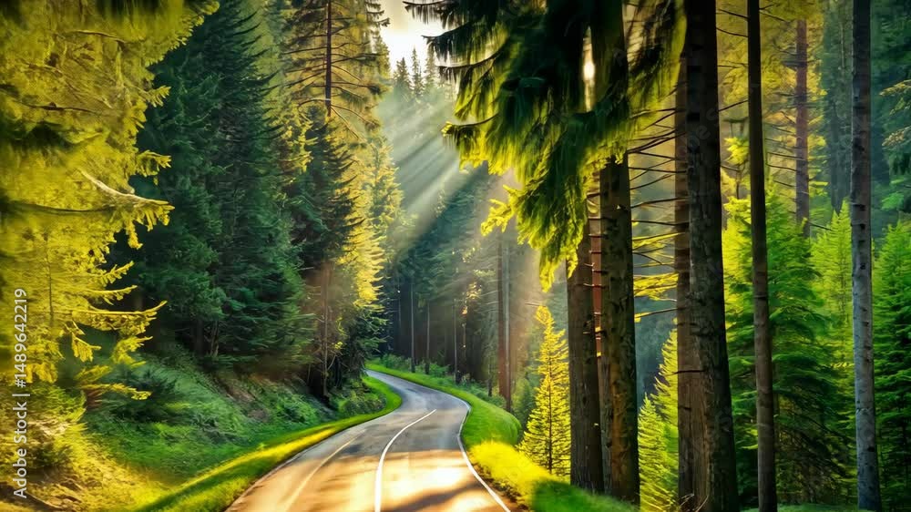 Poster scenic drive through a lush evergreen forest with rays of sunlight piercing through the trees.