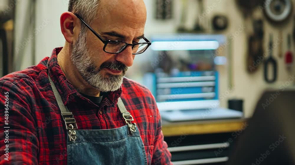 Aufkleber small business owner utilizes technology for efficient operations in workshop, a man who manages a s