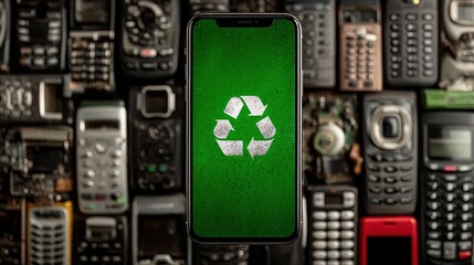 Fototapeta premium Smartphone with a green screen displaying a recycling symbol, set against a backdrop of numerous old and discarded mobile phones.