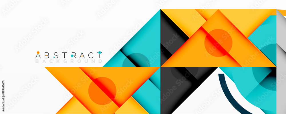 Poster geometric shapes overlap, creating vibrant abstract composition. orange, teal, gray dominate design.