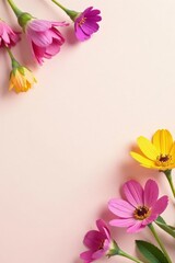 Fototapeta premium Delicate pastel blossoms arranged on a soft pink background, creating a charming floral border with ample space for text or design elements.