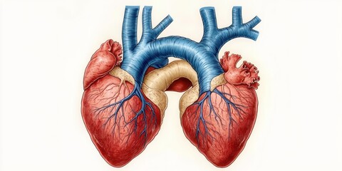 Detailed medical illustration of two human hearts interconnected by large blue arteries and beige aorta structures on a white background