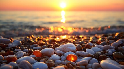 Obraz premium Sunset on the beach, sea water and pebbles, with golden light shining through them. 