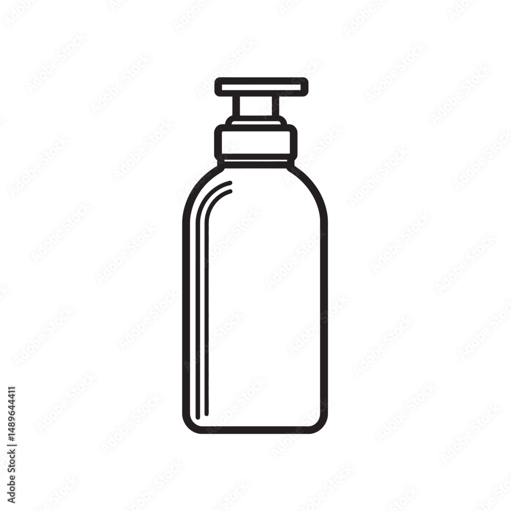 Poster outline drawing shows a rounded rectangular bottle with a dispenser top and transparent backdrop