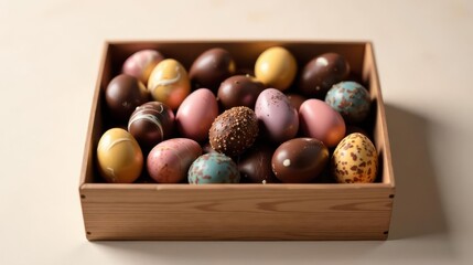 Obraz premium A wooden box overflowing with an assortment of delicious chocolate eggs, each uniquely decorated with pastel shades and intricate patterns.