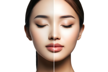 Asian woman with two skin tones beauty and makeup demonstration in png format isolated on black background