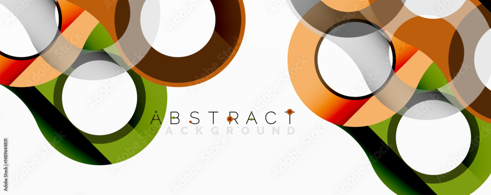 Poster Modern design features overlapping circles, squares. Colors include orange, green, gray. Minimalist composition creates dynamic visual effect.