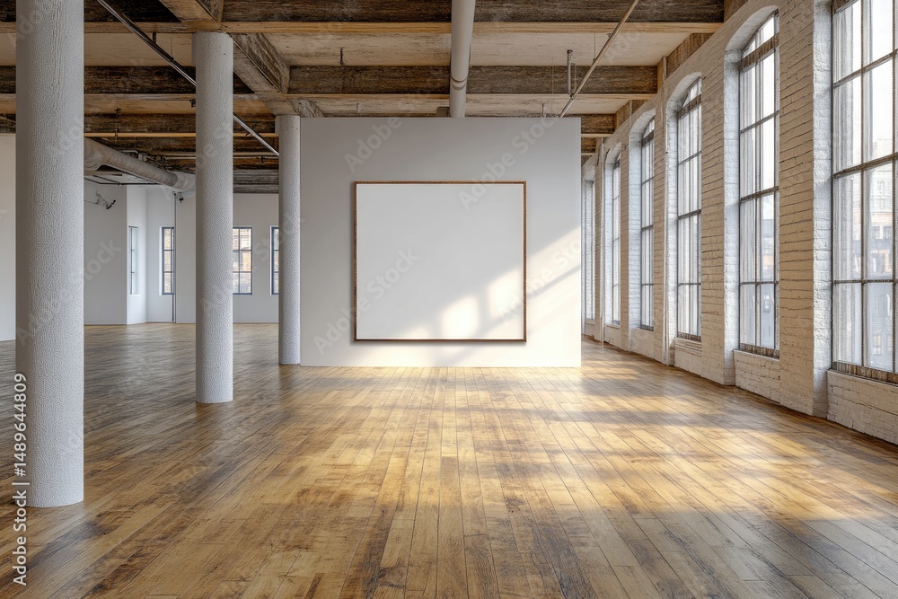Poster empty loft space with large blank canvas