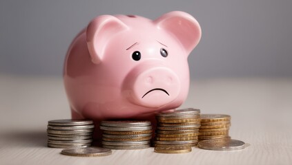 Sad piggy bank with small stacks of coins