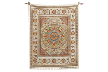 PNG Intricate handmade tapestry with floral and geometric patterns displayed on wall