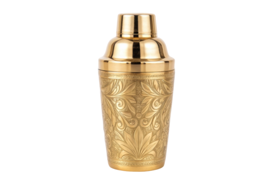 PNG Elegant gold cocktail shaker with intricate designs on black background
