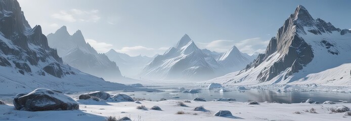 Frozen landscape, snow-covered mountains, glistening ice ,  wilderness,  frosty