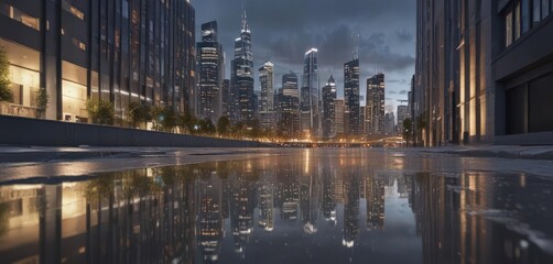 Modern city skyline reflected on poster on sidewalk, advertising, street