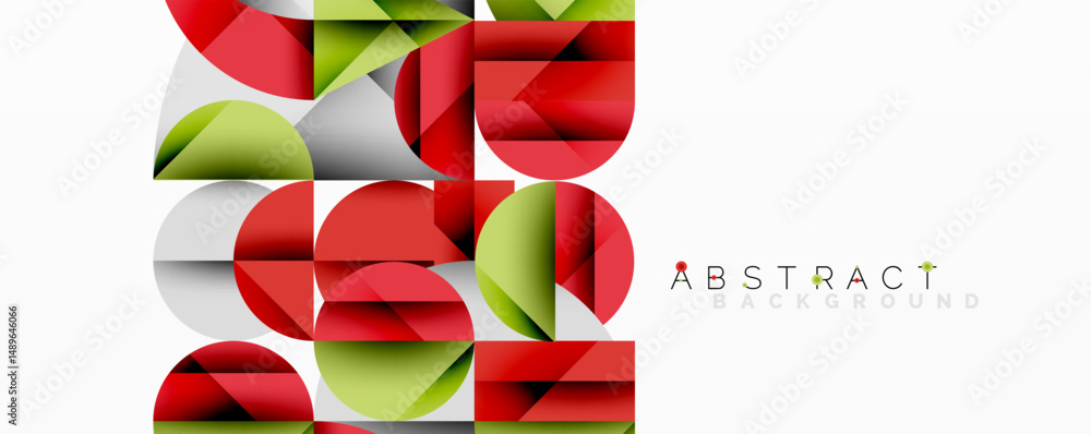 Poster Geometric shapes overlap, creating vibrant red, green, gray pattern. Modern design, clean lines, minimalist aesthetic.