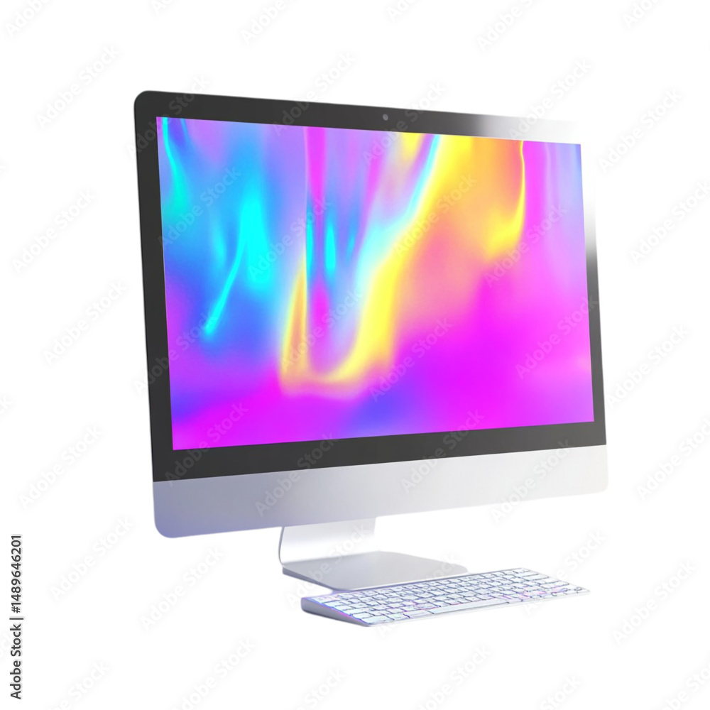Poster vibrant colorful desktop computer with keyboard modern technology digital display