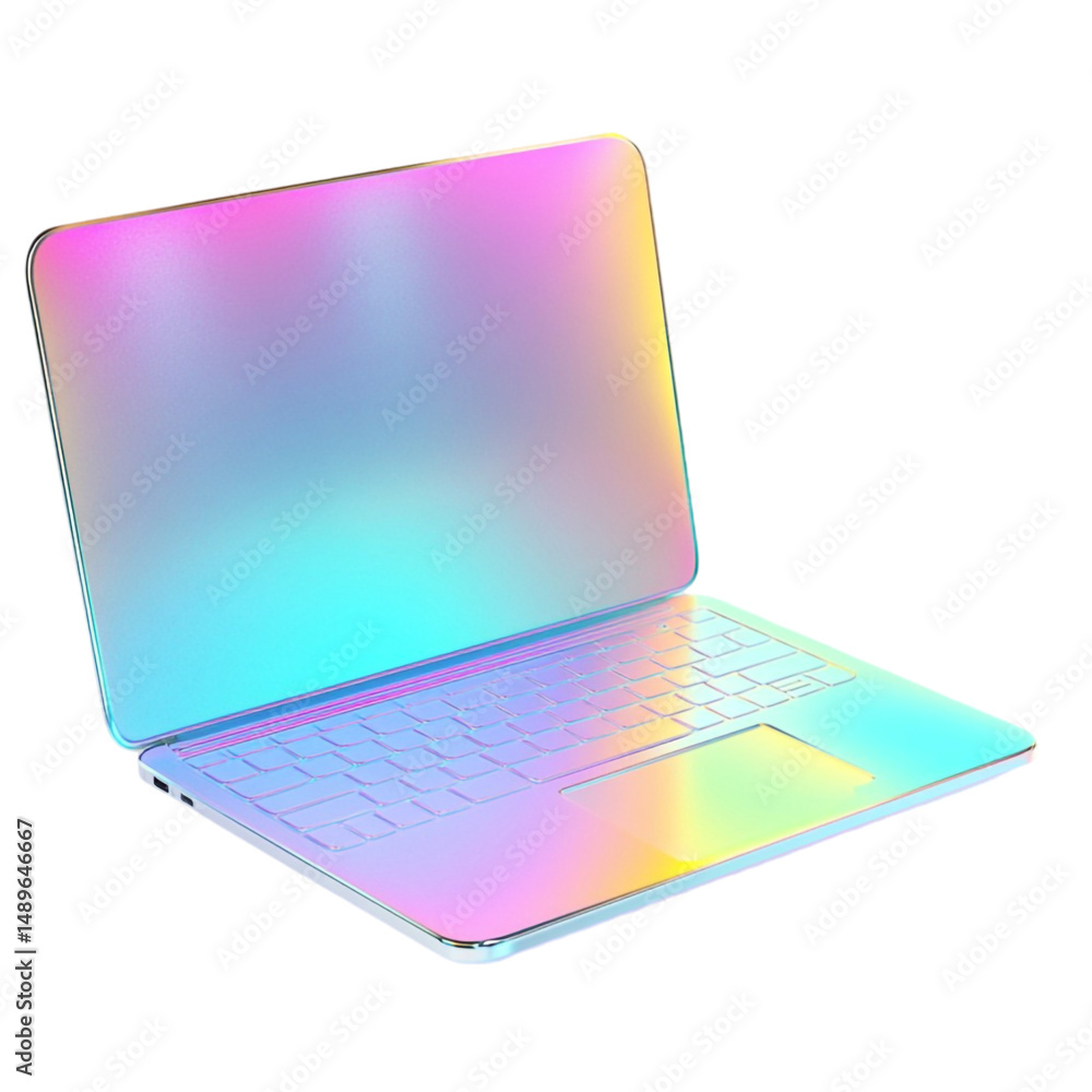 Poster iridescent laptop computer open displaying keyboard and trackpad modern technology pastel rainbow co