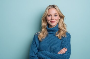 Woman portrait in blue turtleneck sweater indoors