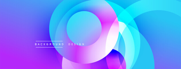 Abstract vibrant circles overlap creating dynamic gradient background. Purple, blue hues dominate design, modern aesthetic.